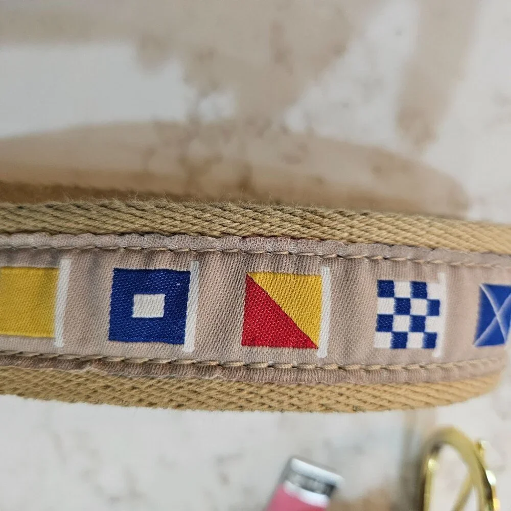Nautical‎ Flag Pattern Fabric Belt  Leather Accents Gold Buckle 45